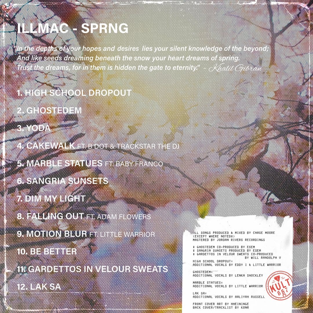 A tracklist design for Illmac's Sprng album.